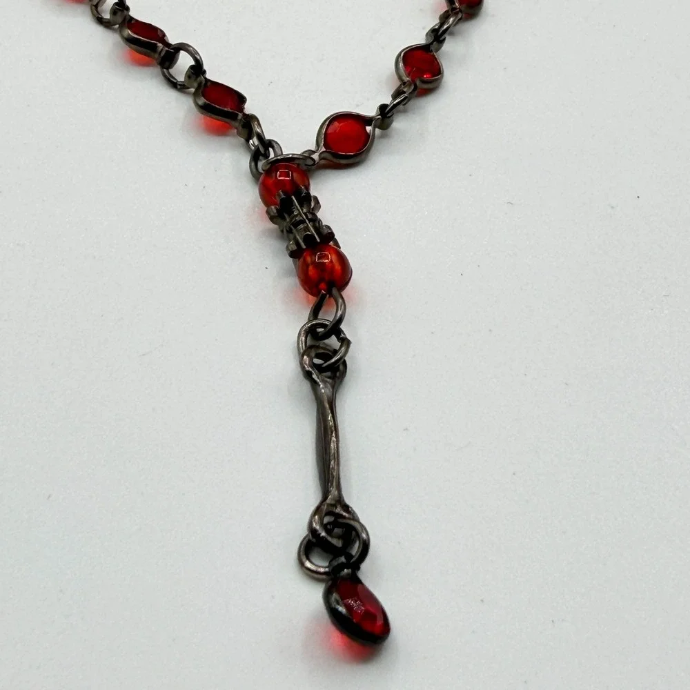 KOREN Red Crystal Y Drop Necklace Gunmetal Tone Gothic Victorian Statement Gift
